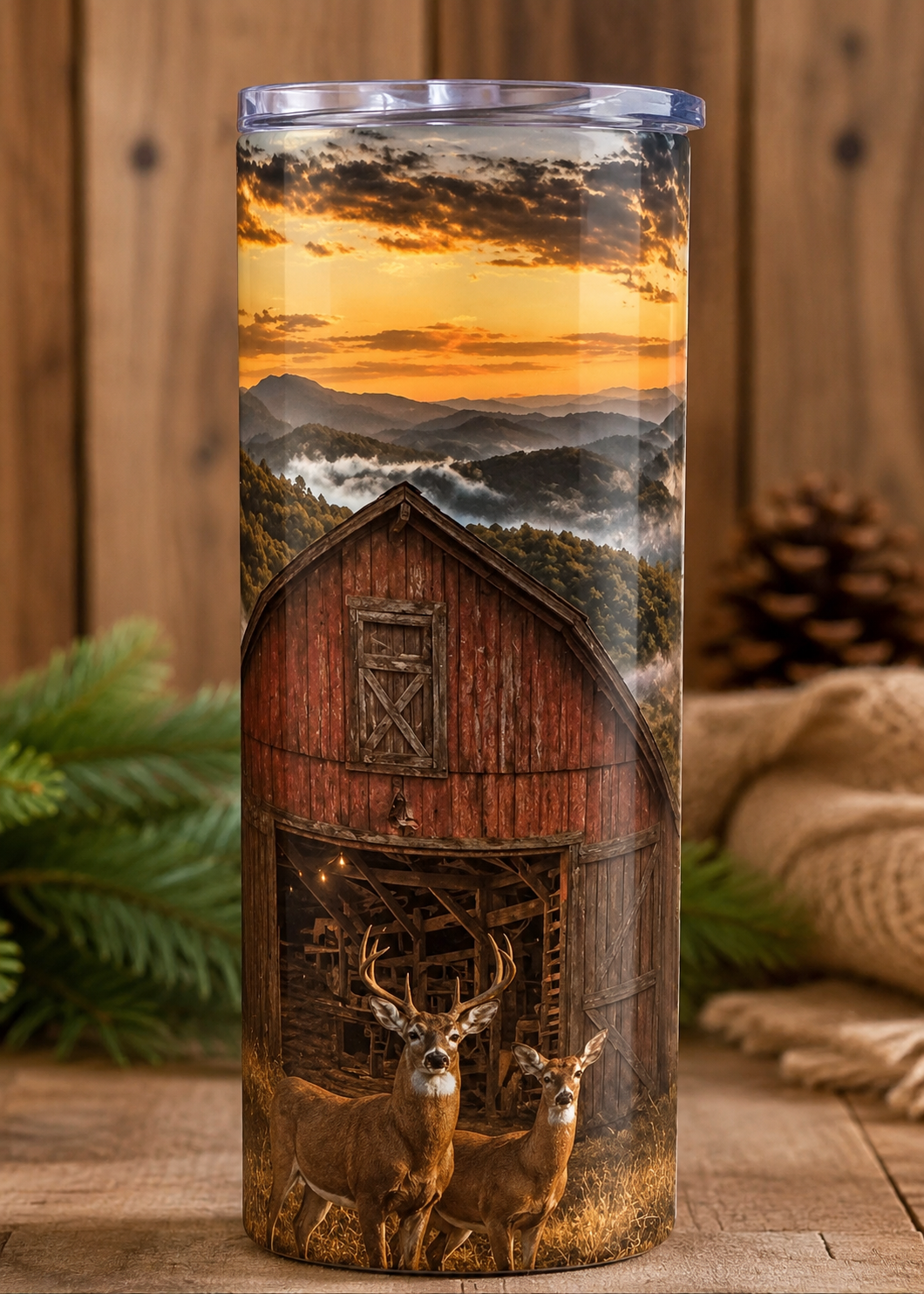 Rustic Barn & Deer Mountain Sunset 20oz Sublimation Tumbler