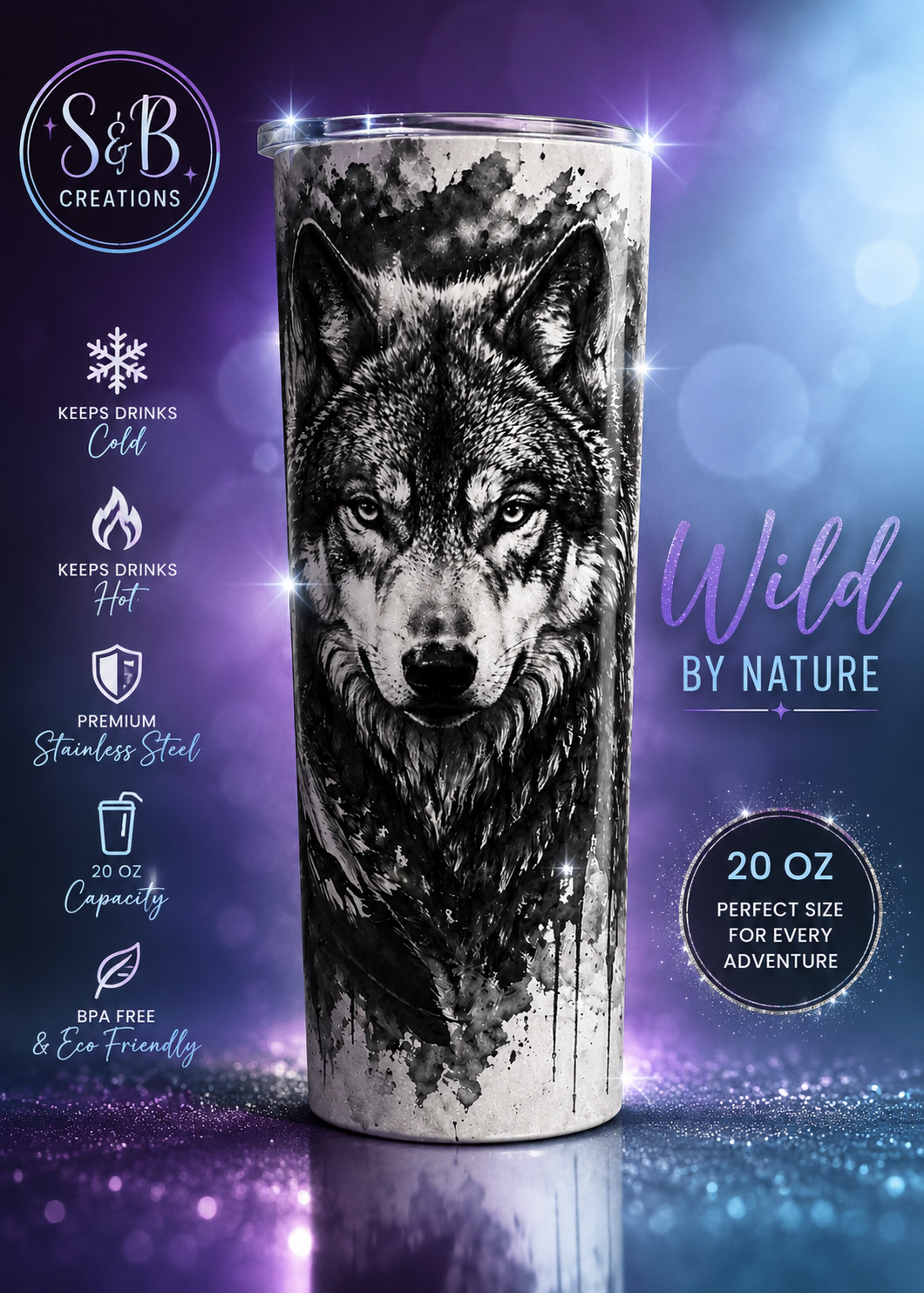 Wolf 20 oz Tumbler – Black & White Wildlife Stainless Steel Cup