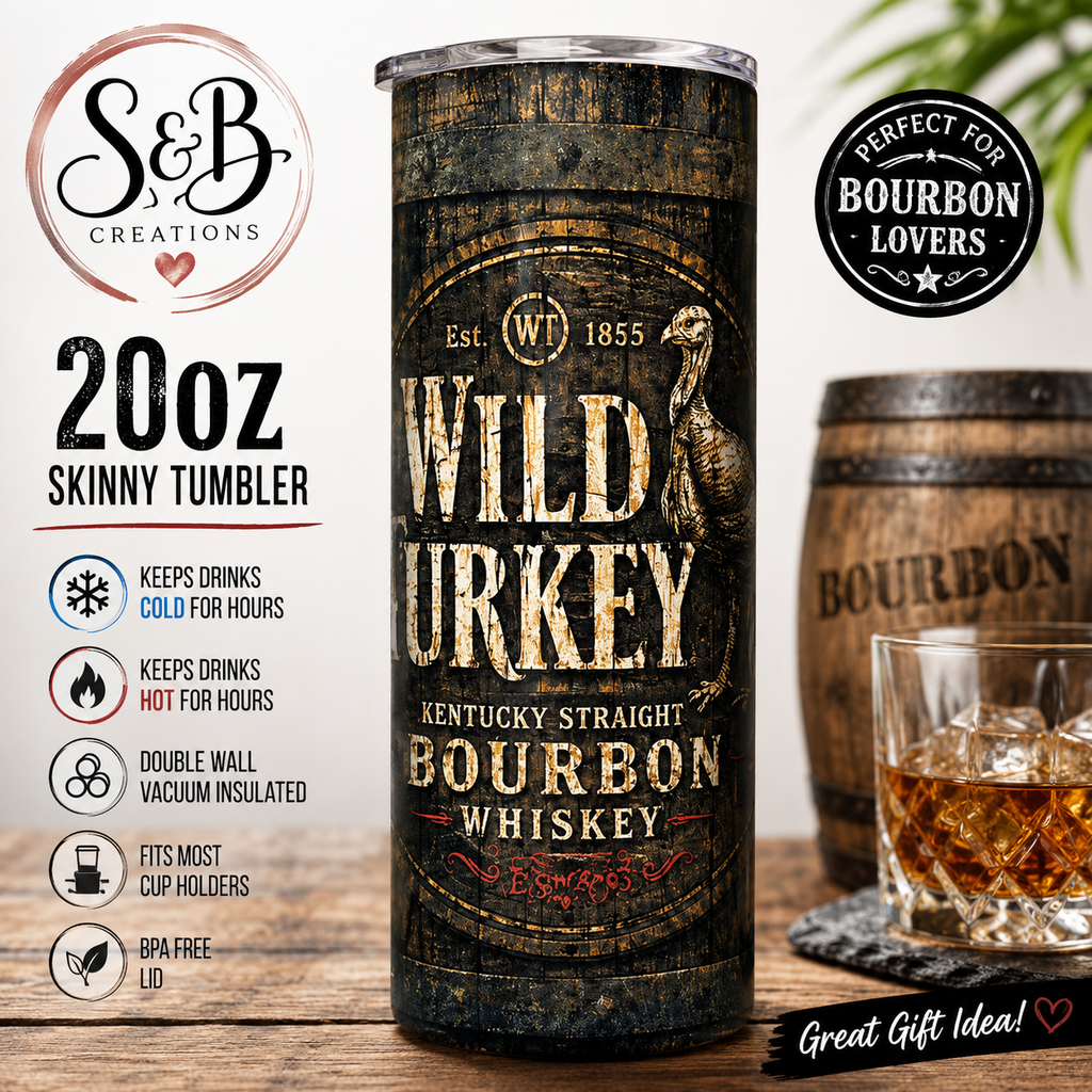 Wild Turkey Bourbon Whiskey Tumbler – Rustic Vintage 20oz Skinny Tumbler